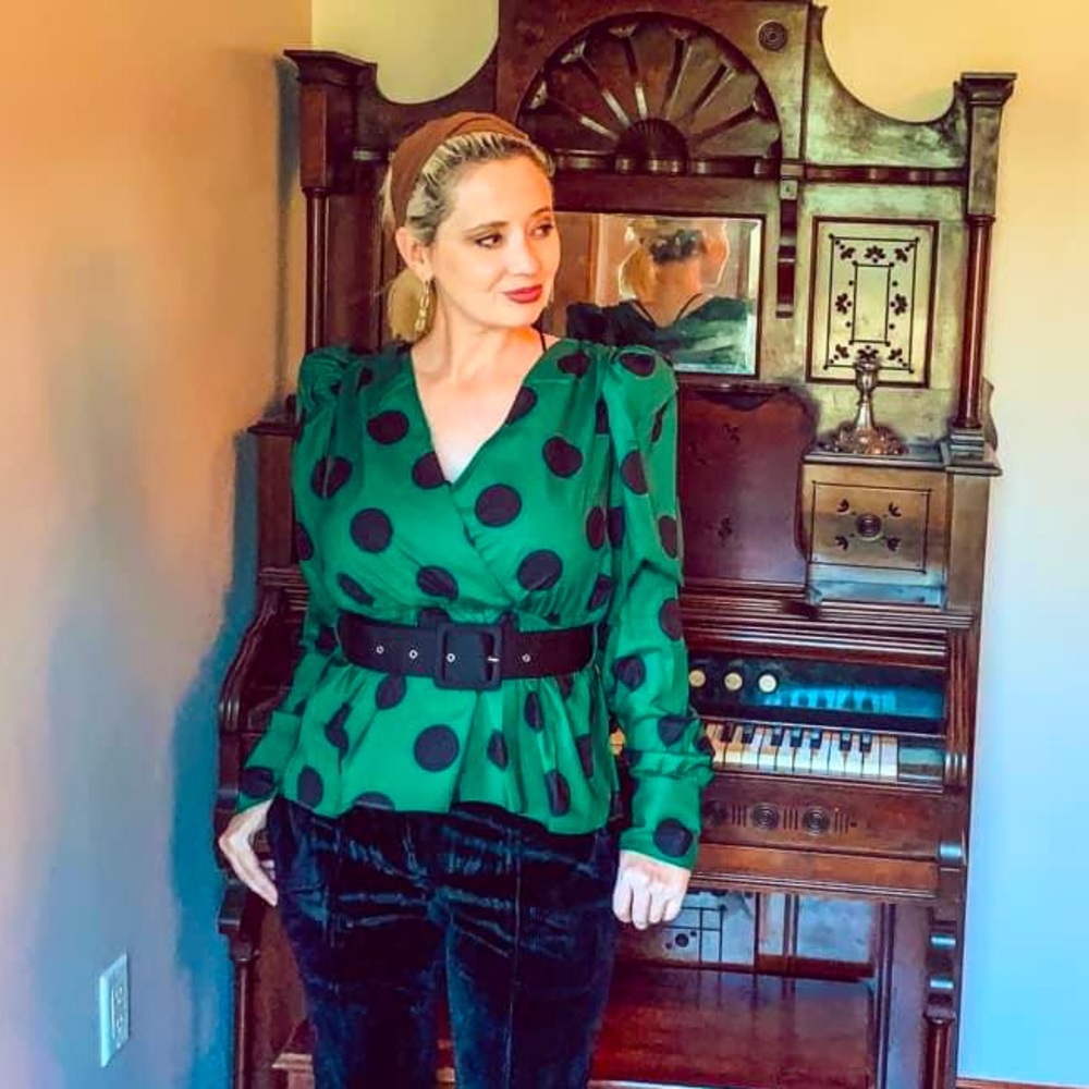 Emerald Dot Glam Belted Satin Top